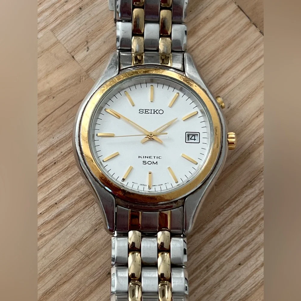 Seiko Kinetic Automatic Men’s Watch Two-Tone Bracelet Case White Dial Date